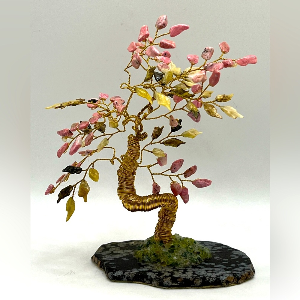 Vintage Pink Gemstones Asian Bonsai Tree Metal Gold Color Wire Stem & Branches